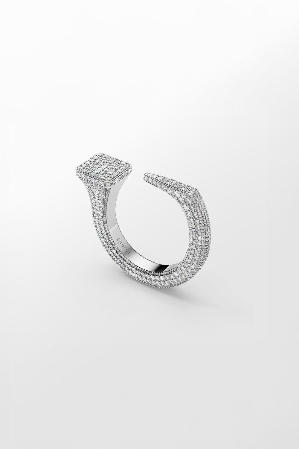 Ciufoli One sculptural white gold pin ring with pavé diamonds side view