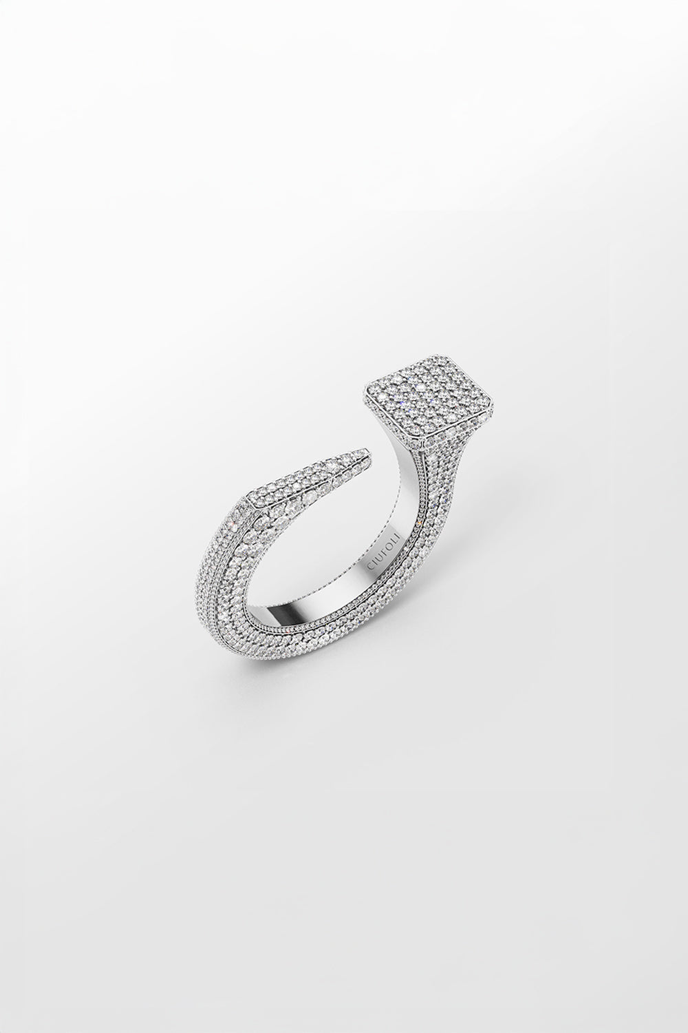 Ciufoli One sculptural white gold pin ring with pavé diamonds top view